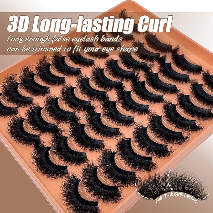 Mink Lashes Fluffy Dramatic Thick Volume Eyelashes Strips 3D 20mm 25mm Big Long Cat Eye Full Strips Lashes Faux Mink Eyelashes Multipack 20 Pairs Fake Lash Strip Pack YH305