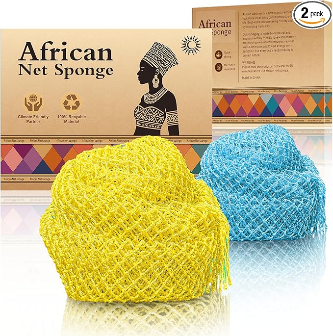 Real African Net Sponge - 2 Pieces Premium Body Exfoliator - Gentle Scrub for Dry/Sensitive Skin - Durable & Easy Rinse Shower Essential (Yellow Blue)