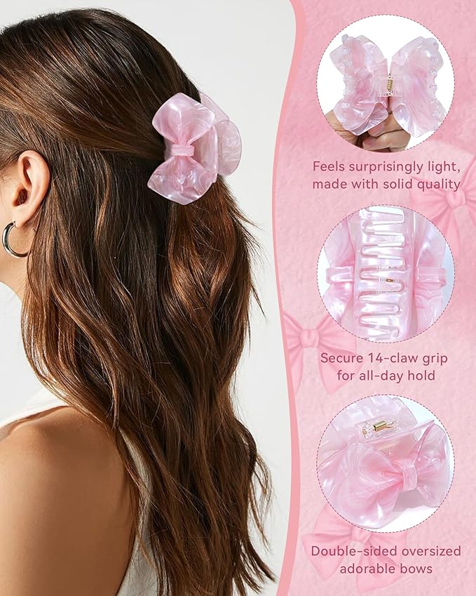 ACECHA Cute Bow Claw Clip - 3.1 Inch Sparkly Hair Claw Clips for Women, Non-slip Hairclips for Thin and Thick, Elegant Hair Accessories for Wedding Prom Party (Pink)