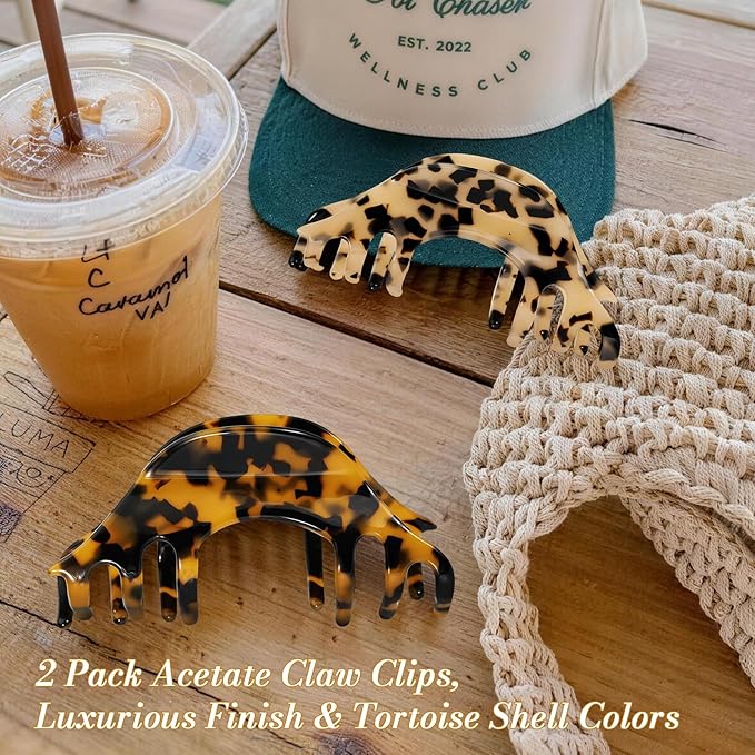 2 Pack Large Hat Hair Clips for Women, 4.2 Inch Big Acetate Claw Clips for Baseball Caps Trucker Hats, Non-Slip Strong Hold Hair Claw Clips for Thick Thin Hair, Hair Accessories Gift, Tortoise Shell