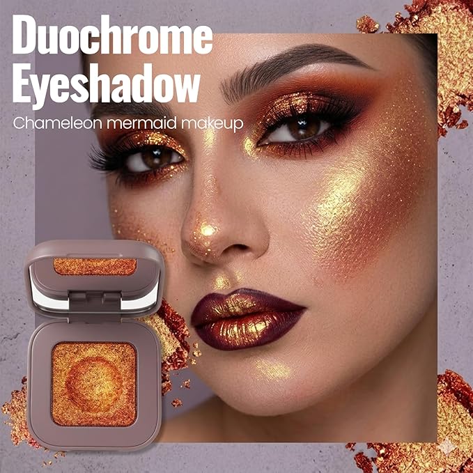 Erinde Orange Red Gold Duochrome Glitter Eyeshadow Palette, Holographic Rich Color Multichrome Shimmer Eye Shadow, Color Shift Sparkle Inner Corner Eye Highlighter Makeup for Rave Festival Concert, 10