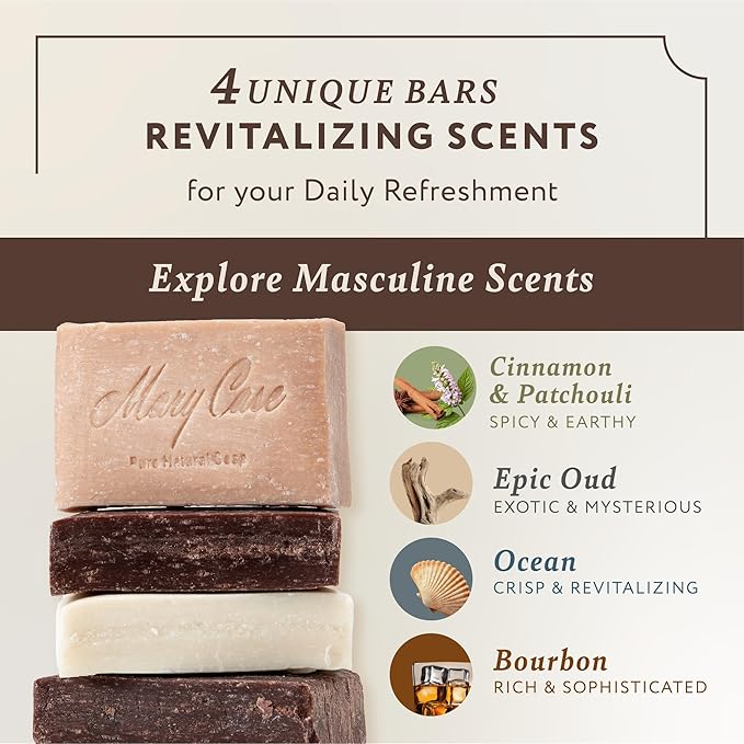 Mary Case Men's Bar Soap Variety Set of 4 | Oud, Ocean, Cinnamon & Patchouli, Bourbon Scented Soaps with Olive & Coconut Oils | Bath Soap for Men | Deep Cleansing & Nourishing Dry Skin