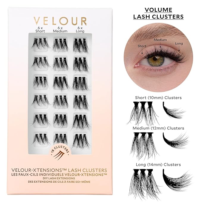 Velour-Xtensions™ Lash Clusters, 18 Individual Cluster Eyelash Extensions, Lightweight & Fluffy Lash Extensions, Soft & Comfortable Eyelash Clusters, Natural Lashes All Eye Shapes (Volume)