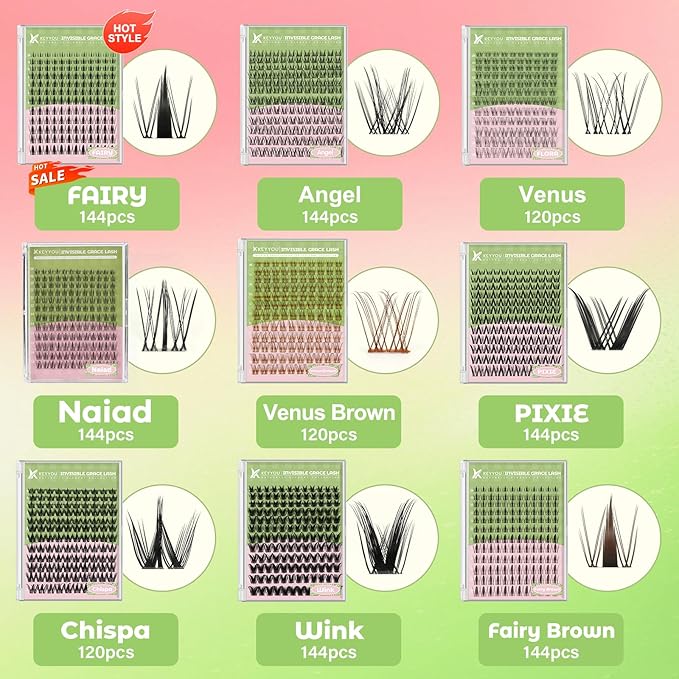 KEYYOU Venus Brown Lash Clusters Kit Fairy Lash Extension Kit C Curl 120Pcs Eyelash Extension Wispy Natural Invisible Band Lash with Waterproof DIY Lash Extension Kit at Home(Venus Brown-C-8-16MIX)