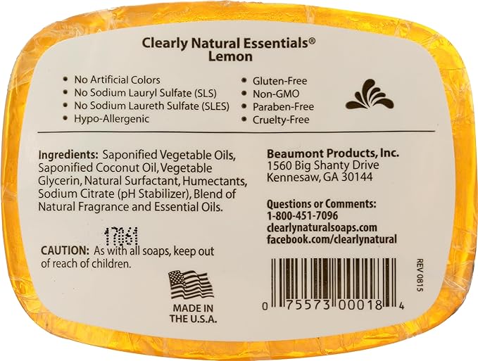Clearly Natural Essentials Glycerine Bar Soap, Lemon, 4 Ounce