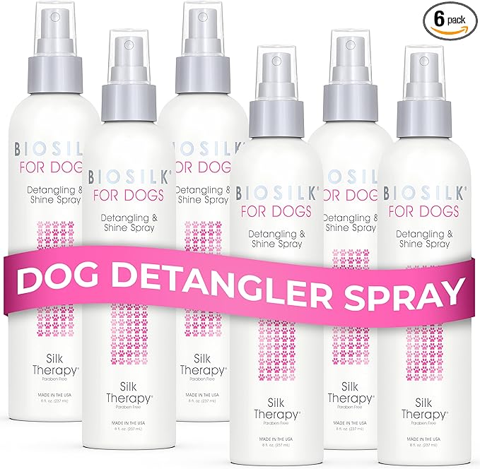 BioSilk for Dogs Silk Therapy Detangling and Shine Protecting Spray, pH Balanced Leave-In Mist with Silk and Vitamins for Dematting, Paraben-Free, All Coats and Breeds, 8 Fl Oz - 6 Pack