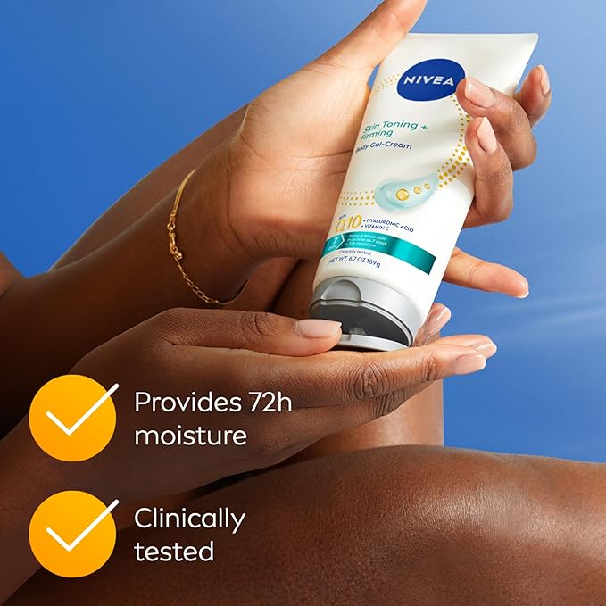 NIVEA Skin Firming & Toning Body Gel Cream with Q10, Hyaluronic Acid and Vitamin C, Clinically Tested Skin Firming & Toning Cream, 72-Hour Moisture, 6.7 Oz Tube