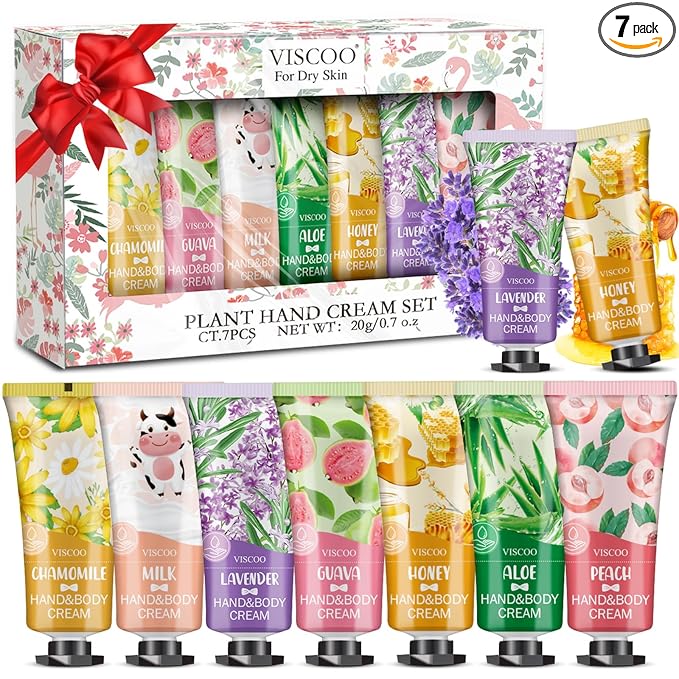 VISCOO 7 Pack Hand Cream Gifts Set for Women, Teacher Appreciation Gift / Graduation Gifts, Moisturizing Mini Hand Lotion Travel Size for Dry Cracked Hands, Birthday Gift