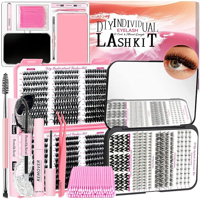 QUKLOGEN DIY Lash Extension Kit 802Pcs D Curl 4 styles Individual Lash with Bottom Lash Clusters Lash Bond and Seal,Quick Glue Remover Tweezers Eyelash Brush Mini Applicator (LASH002)