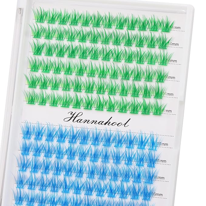 12rows-Large Tray Mixed 8-10-12-14-16mm/Mixed 14-15-16mm/Mixed14mm-16mm/Mixed 18-20mm Wide Stem Individual False Eyelashes Dramatic Black Cluster Eyelashes (LC07-Green-blue-14-16mm)
