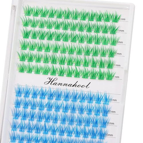 12rows-Large Tray Mixed 8-10-12-14-16mm/Mixed 14-15-16mm/Mixed14mm-16mm/Mixed 18-20mm Wide Stem Individual False Eyelashes Dramatic Black Cluster Eyelashes (LC07-Green-blue-14-16mm)