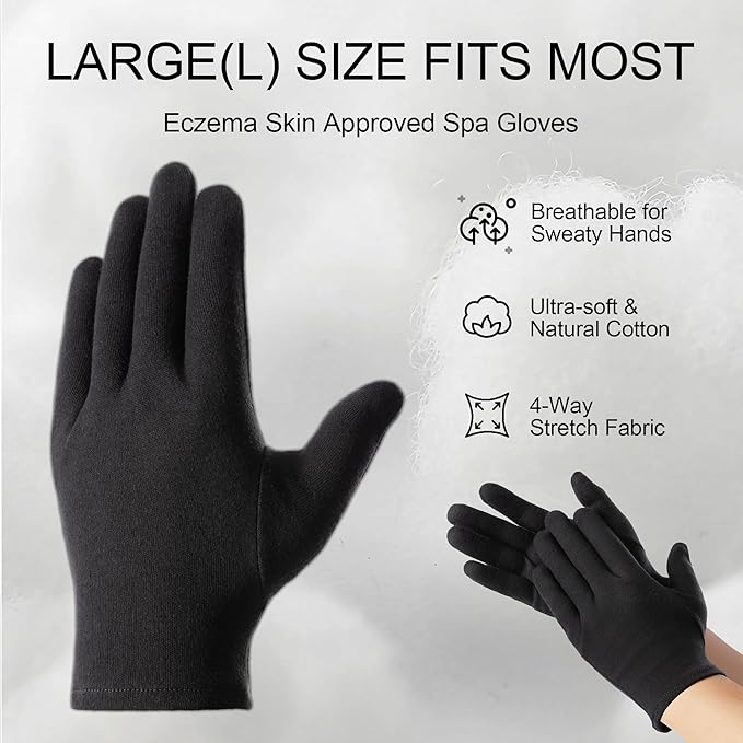 12 Pairs Cotton Moisturizing Gloves and Socks Set (1 Washing Bag, Snug Fit), Dry Hands Feet Overnight Lotion SPA Treatment, Eczema Skin Friendly, Breathable and Soft Glove Liners, Black