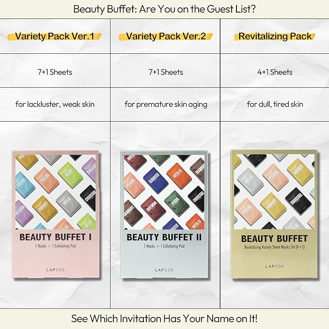 LAPCOS Daily Sheet Mask Variety Pack 7+1 (Version 1) - K Beauty Face Masks to Hydrate, Clarify, Nourish, Gently Exfoliate & Renew Skin - Highly Breathable Sheet & Pads - Korean Skin Care (Pack of 8)