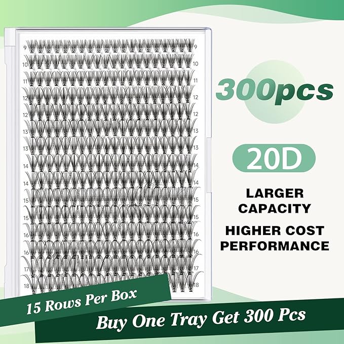 KEYYOU Lash Clusters 300pcs Individual Lashes, 20D 0.07C Curl 9-18MIX DIY Eyelash Extension, Soft & Natural Volume Cluster Lashes with Large Tray
