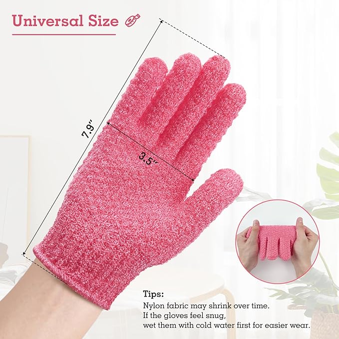 Evridwear Exfoliating Glove Shower Gloves Exfoliate Dead Skin for Dry Sensitive Skin No Irritation with Hanging Loop (Hot Pink Deep Exfoliation)