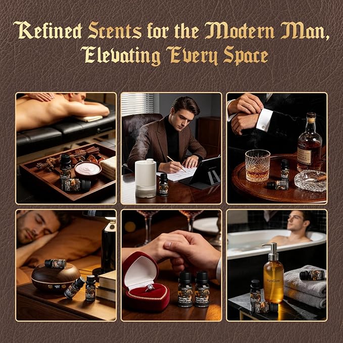 Men Diffuser Oils Gift Set for Father's Day, SNOWSEN Gentlemen's Essential Oil Set for Diffuser for Home, Candles Scents & Perfume, Sandalwood, Cologne, Smoked Ebony, Amber Rum, Cedar, Sweet Tobacco