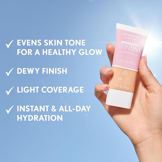 COVERGIRL Clean Fresh Nourishing Skin Tint, 620 Deep, Liquid Foundation, Dewy Finish, Infused with Coconut & Aloe, Vegan Formula