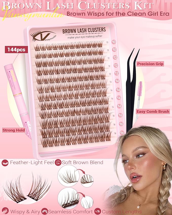 Natural Brown Lash Clusters Kit Wispy Eyelashes Clusters Kit C Curl Cluster Eyelash Extensions 10-16mm Cluster Lashes DIY Eyelash Clusters Waterproof Individual Lashes Extension Kit with Brush