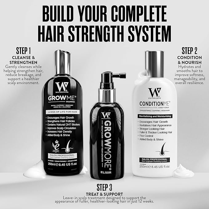 Watermans Grow Me Organic Hair Growth Shampoo for Men & Women – Strengthening & Moisturizing with Biotin, Rosemary, Caffeine & Argan Oil for Fuller, Thicker-Looking Hair (8.45 fl oz)