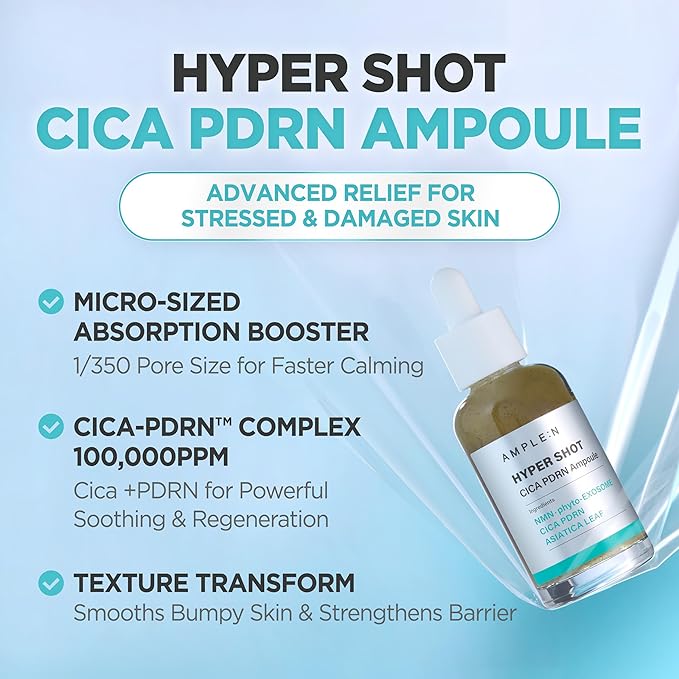 AMPLE:N Hyper Shot Cica PDRN Ampoule - Korean Face Serum for Sensitive, Acne Prone Skin - Calming, Barrier Repair with Centella Asiatica Niacinamide Plant DNA, Non-Comedogenic K-Beauty, 2.7 fl.oz.