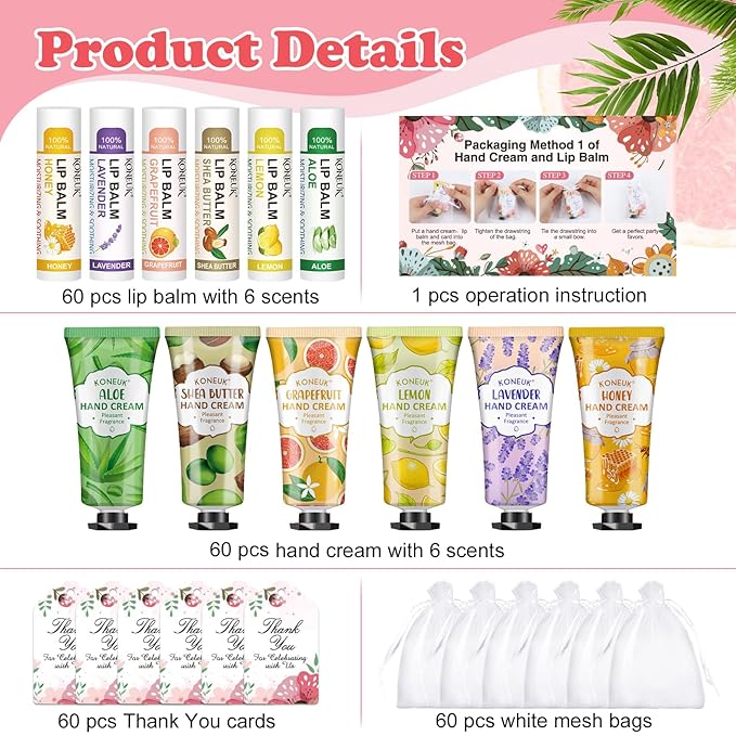 KONEUK 60 Pack Hand Cream Bulk and Lip Balm Bulk Sets, Mothers Day Gifts and Bridal Shower Gift for Guests, Teacher Appreciation Gifts, Nurses Week Gift, Birthday Gift, Small Gifts for Women