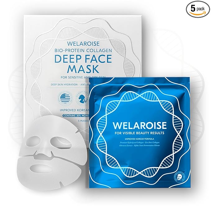 Welaroise Bio Protein Collagen Hydrogel Deep Face Mask +35% More Collagen, Intense Hydration & Moisturization, Firming, Anti-Aging, Skin Renewal, Korean Skincare (Pack of 5)