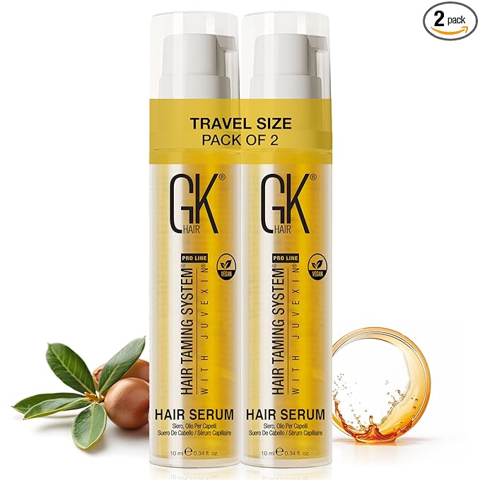 GK HAIR Travel Size Hair Oil - Vegan Argan Oil Frizz Ease Serum- Adds Smooths, Softness & repair Split Ends Paraben, Phthalate and Sulfate Free Pack of 2(0.34 oz)