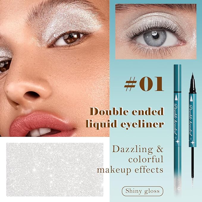 Double-Headed Liquid Sparkling Eyeshadow Eyeliner Pen for Women, Ultra - Fine Tip Glitter Shimmer Liner Shadow for Eye Makeup, High-Pigment Highlighter Brightener Stick,Waterproof Quick - Drying (1#)