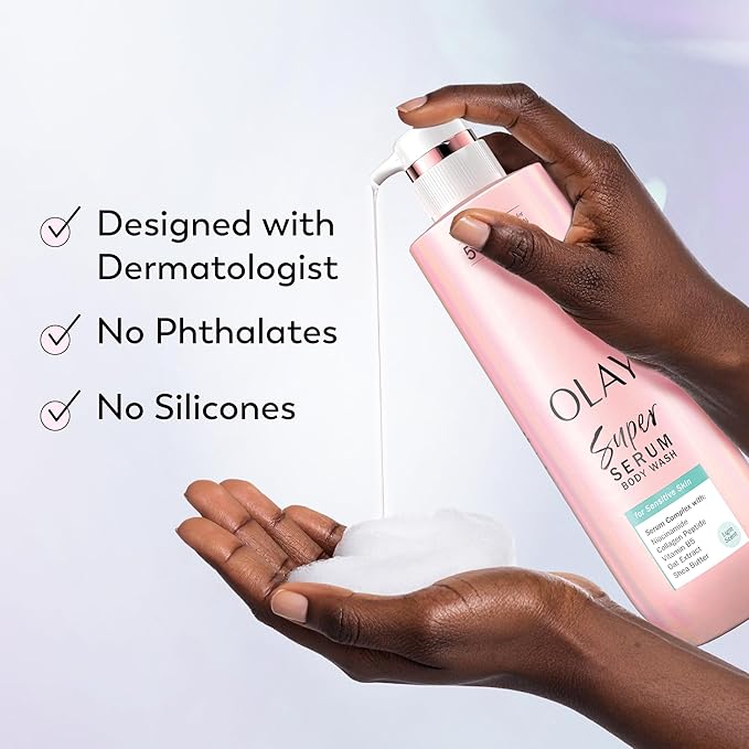 Olay Super Serum Body Wash for Sensitive Skin, 24hr Long Lasting Rich Hydration, 5+ Ingredient Complex for Bright, Even, Firm & Luminous Skin, with Collagen Peptide, Vitamin B5 & Shea Butter, 20 fl oz