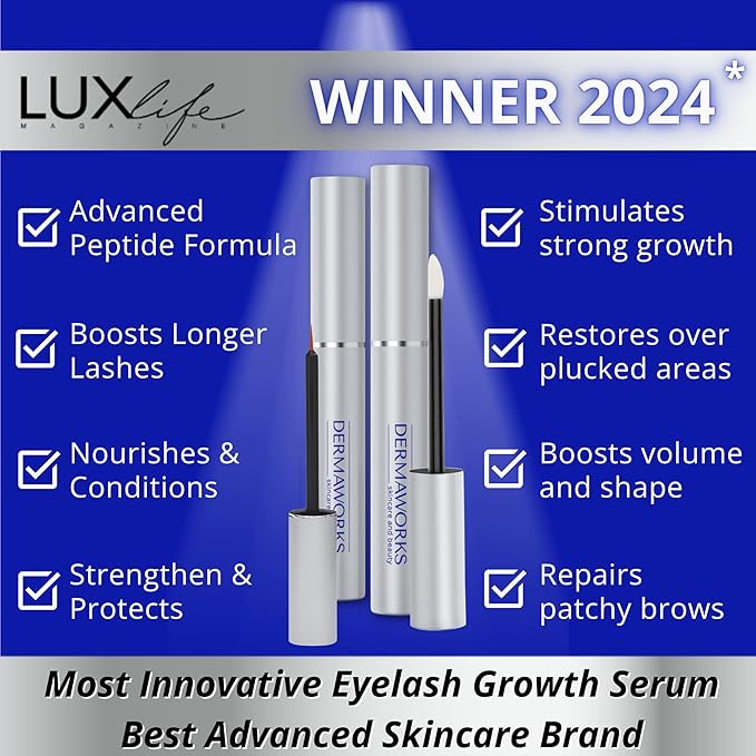 Dermaworks Lash & Brow Enhancing Serum Set 3ml + 5ml | Natural Eyelash & Eyebrow Growth Serum | Free of Prostaglandins | Peptide Lash Serum for Growth & Thickness | Safe for Sensitive Eyes