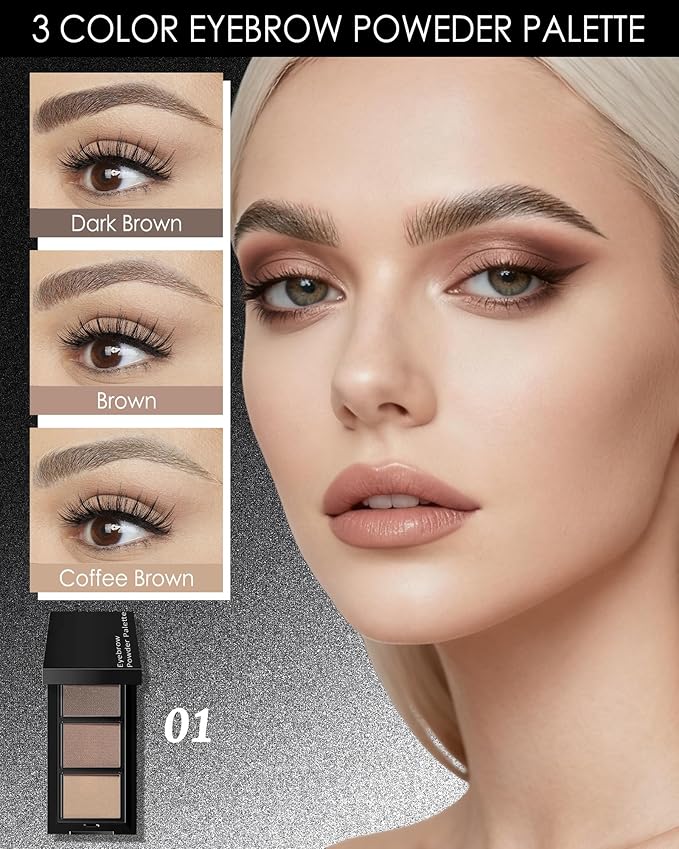 3 Color Eyebrow Powder Palette Kit, Dark Medium Coffee Brown Eye Brow Powder for Women, Long-Lasting Waterproof Tinted Brow Filler, With Mirror & Eyebrows Brush Makeup Set, Defined Natural Brows-B01