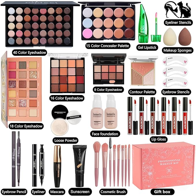 All in One Makeup Kit for Women Full Kit,Makeup Set for Women, Includes Eyeshadow Palette/Foundation/Lipstick/Eyeliner/Mascara/makeup Brush,Makeup Gift Set for Christmas & Birthday&Holiday&Everyday.