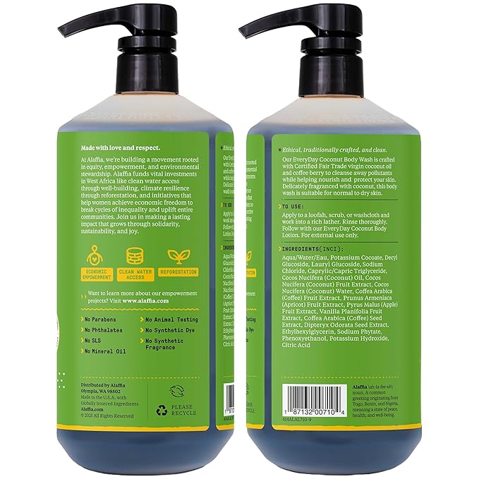 Alaffia Body Wash, EveryDay Coconut – Purely Coconut Gentle Skin Cleanser for Normal to Dry Skin, 32 Oz