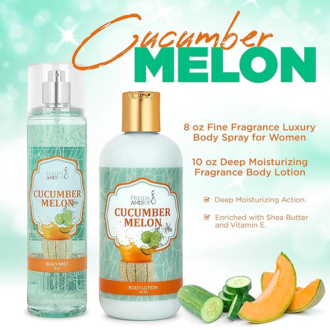 Home Spa Gift 10oz Deep Moisturizing Fragrance Body Lotion & 8 oz. Fine Fragrance Body Mist Set Luxury Self-Care Combo for Women and Girls (Cucumber Melon) – Mother's Day Gift for Mom