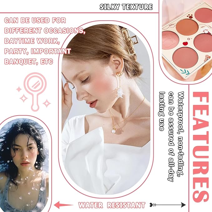 6 Colors Blush Palette for Cheeks with Make Up Brush,Face Matte Contour Blush Makeup Palette,Buildable Shimmer Facial Cheek Blusher Shades,Blendable Cosmetic Makeup Blush