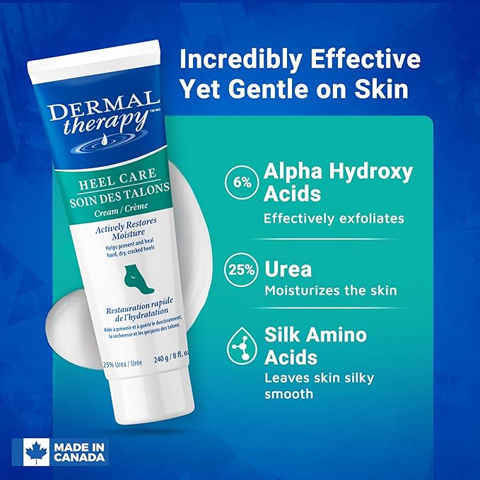 Dermal Therapy Heel Care Cream - Deeply Moisturizes & Repairs with Intensive Cracked Heel Cream - 25% Urea, 6% AHA & Silk Amino Acids for Soft Skin - Fast Results & Non-Greasy Formula - 8 oz / 240 ml
