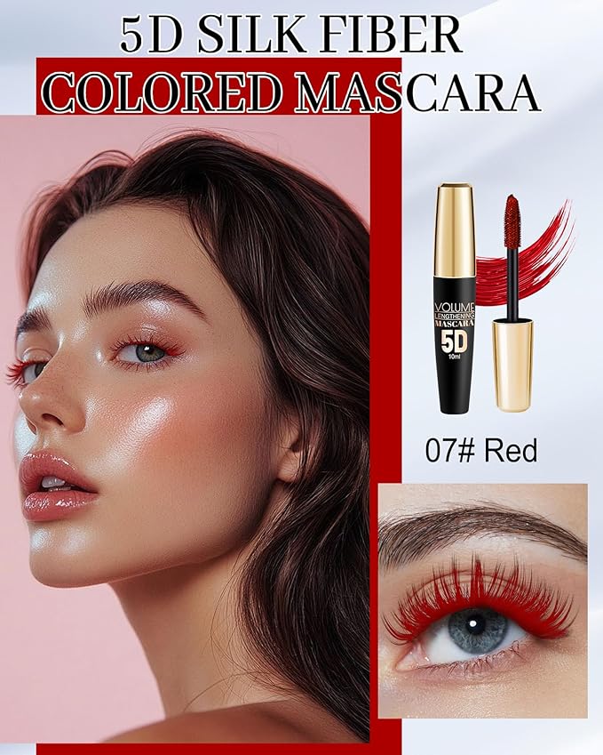 Red Waterproof Mascara for Eyelash, 5D Silk Fiber Lashes Extension Colored Tube Mascara with Eyelash Brush, Long Lasting Smudge-proof Volumizing Lengthening, Cosplay Party Eye Makeup Gift for Women