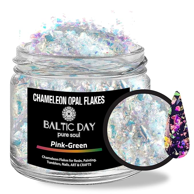 BALTIC DAY Chameleon Opal Flakes [Pink/Green] – Color Shift Mica Pigment Powder for Epoxy Resin, Tumblers, Nail Art, Eyeshadow, Makeup, Molds, and More – Chrome Color Shift Powder