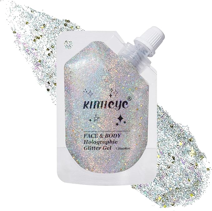 Laser Gold Face Body Glitter Gel Shimmer Makeup for Hair Clavicle Arm Nail Eyeshadow, Long Lasting Waterproof Holographic Mermaid Sequins for Outfit Rave Festival Party, 1.35oz, #6