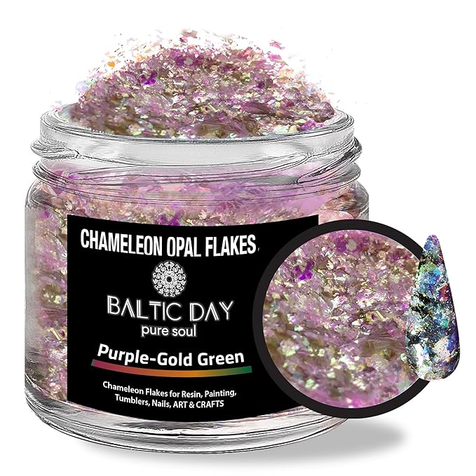 BALTIC DAY Chameleon Opal Flakes [Purple/Gold-Green] – Color Shift Mica Pigment Powder for Epoxy Resin, Tumblers, Nail Art, Eyeshadow, Makeup, Molds, and More – Chrome Color Shift Powder