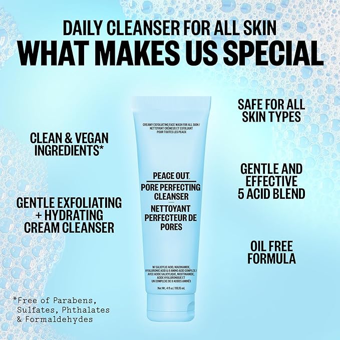 PEACE OUT Pore Perfecting Facial Cleanser, Daily Exfoliating Face Wash with Salicylic Acid, Niacinamide and Hyaluronic Acid to Help Unclog Pores and Improve Skin Texture (4 fl oz)