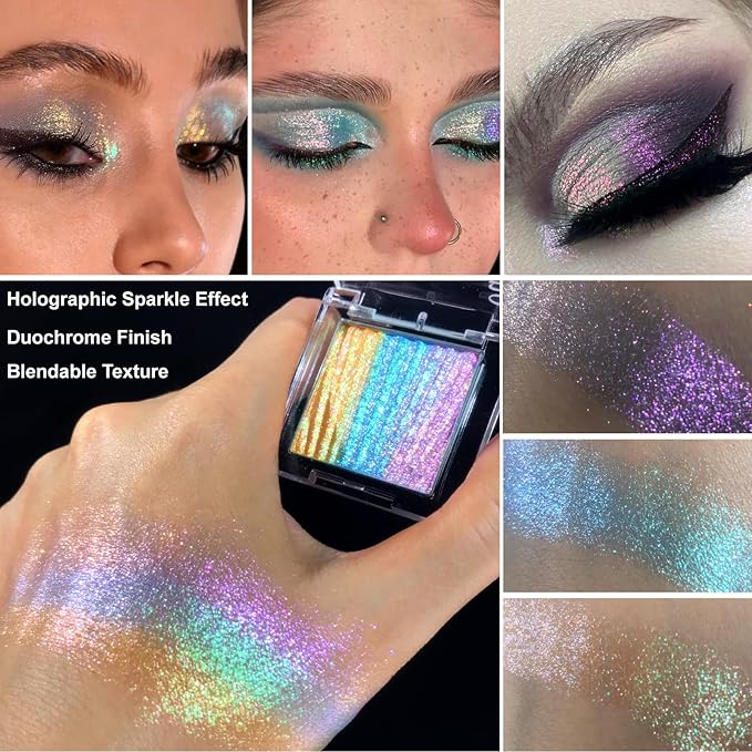 Afflano Iridescent Multichrome Eyeshadow, Single Rainbow Eyeshadow Trio Pressed Pigment, Holographic Gold-Blue-Purple Color Shift Duo Chrome Glitter Eye Shadow Makeup, Color Change shimmer Effect,#6