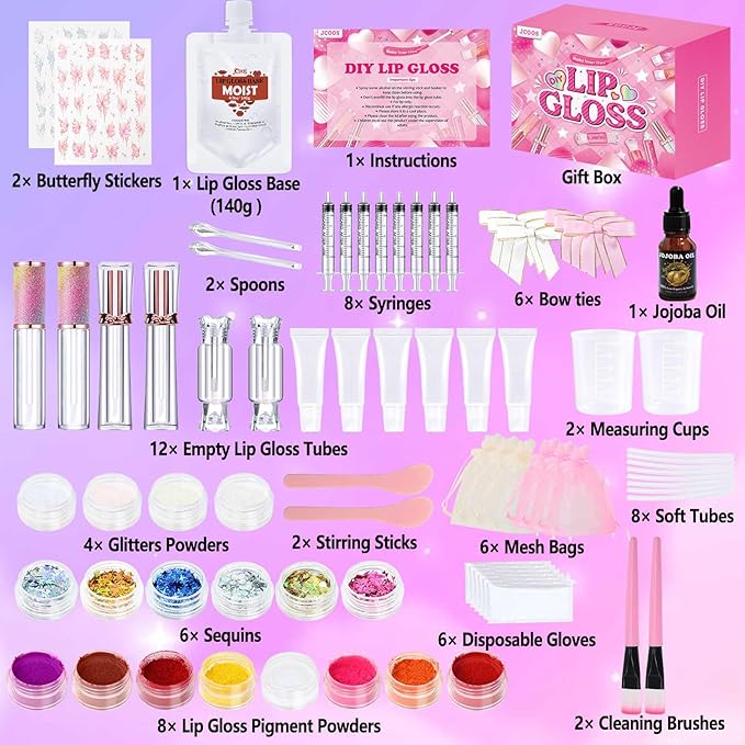 Jcoos Lip Gloss Making Kit, Lip Gloss Set for Teens Tweens Girls Woman Lip Kit Fun DIY Lipgloss Making Kit, Make Your Own Lip Gloss Kit, Moisturizing Glitter Kids Gifts Stuff for Beginner Women Girls