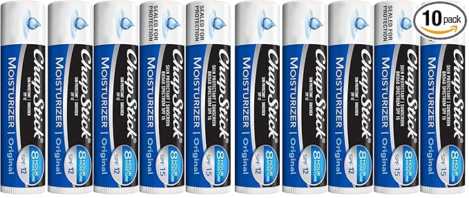 ChapStick Moisturizer 2-in-1 Lipcare 10-Pack (SPF 12 & 15) – Original Lip Balm with Broad Spectrum SPF, Aloe & Vitamin E, 0.15 Oz Ea
