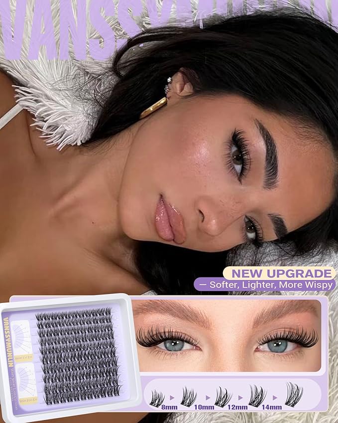 Wispy Lash Clusters Kit with Remover Natural Eyelashes Clusters Lightweight C Curl Cluster Eyelash Extensions Short Individual Lashes DIY Eyelash Extension Kit with Waterproof Lash Cluster Glue 8-16mm