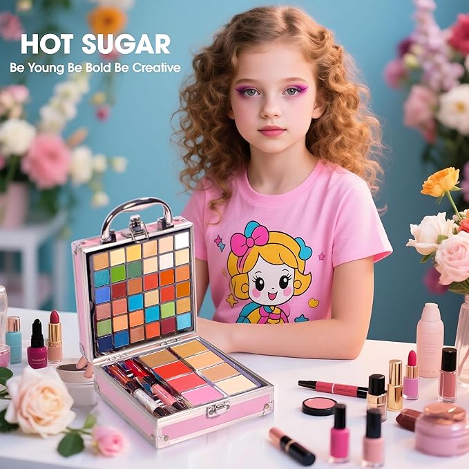 Hot Sugar Girls Makeup Kit for Teenagers 13-15 Includes Eyeshadow Lip Gloss Blush Highlighter Contour Brush (Pink Unicorn)