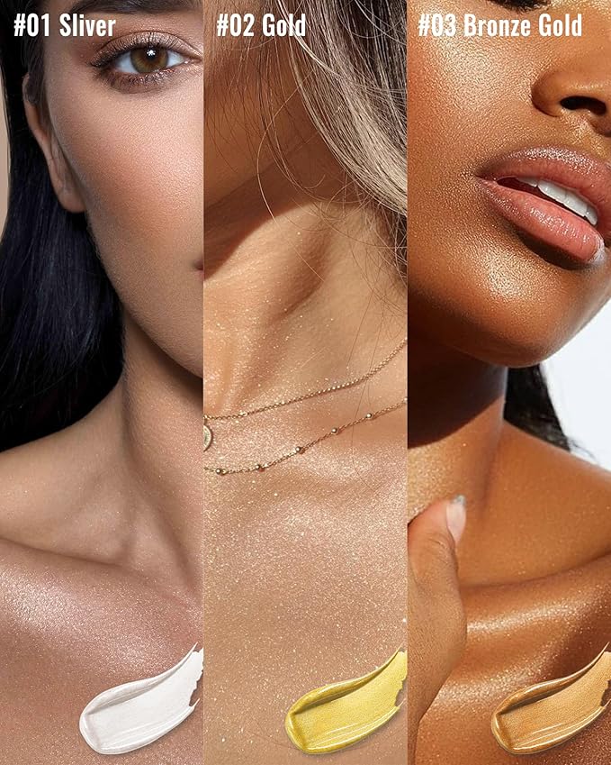 Body Shimmer Glow Oil, Waterproof Long Lasting Face Brighten Sliver Luminizer, Moisturizing Hydrating Body Liquid Illuminator Highlighter Women Makeup, Shiny Diamond Face Glitter for Festive Party#01