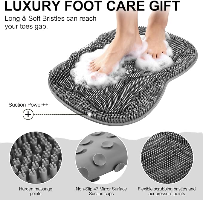 Bath Shower Foot Scrubber Mat - Silicone Shower Foot Scrubber Mat (XL) Cleaner Foot Toes Clean Pad Without Bending Non-Slip Suction Cups Bathroom mat 17.2 * 13 inch - Dark Grey