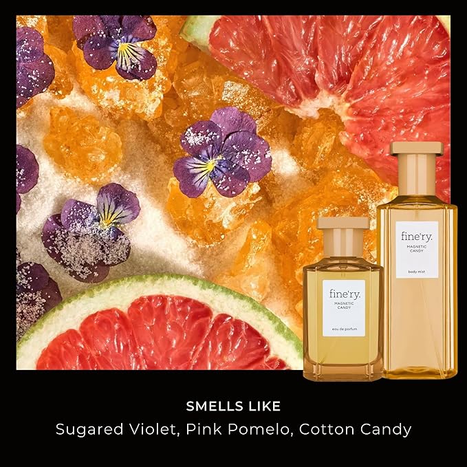 Fine'ry Citrus Gourmand Hair + Body Fragrance Mist Spray for Girls & Women - Magnetic Candy - Sugared Violet, Pink Pomelo & Cotton Candy, Long-Lasting, Vegan, Body Spray for Girls (5 Fl Oz)