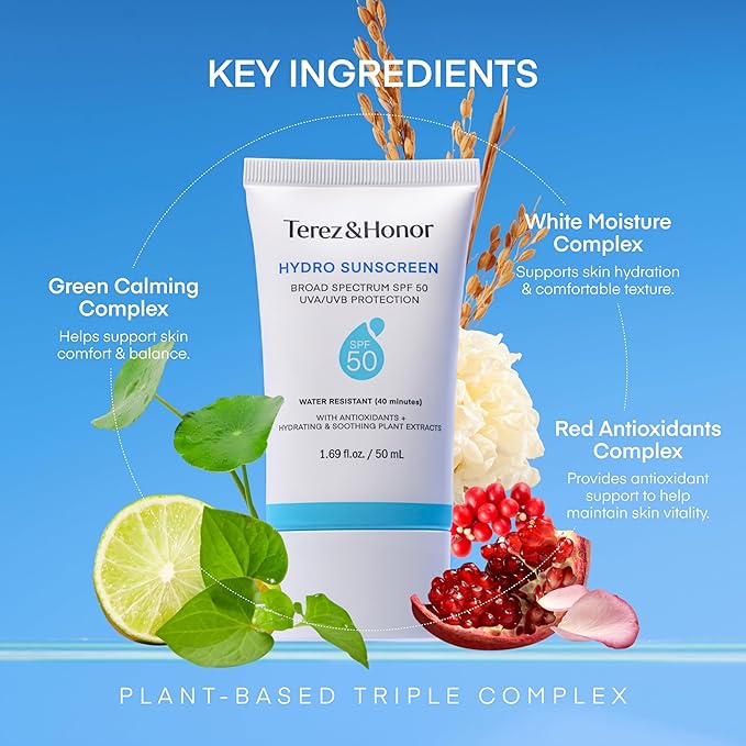Terez & Honor Hydro Sunscreen for Face: Hydrating Broad Spectrum SPF 50 Sunscreen with UVA/UVB Protection - Moisturizing, Soothing, Water-Resistant, No-White Cast & Non-Greasy - Korean Sun Care 2-Pack